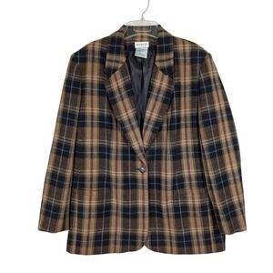 Y2K White Stag Oversized Plaid Wool‎ Blend Boyfriend Blazer Jacket Size 14 Lined